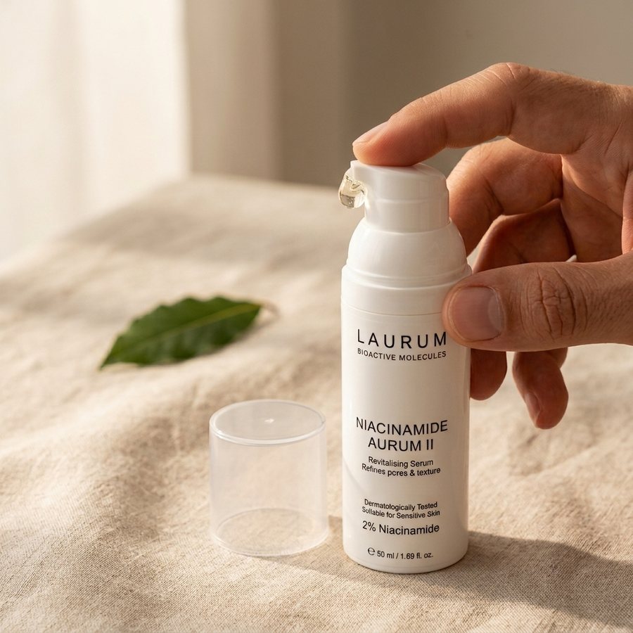 Mano accionando el dispensador airless de Niacinamide Aurum II