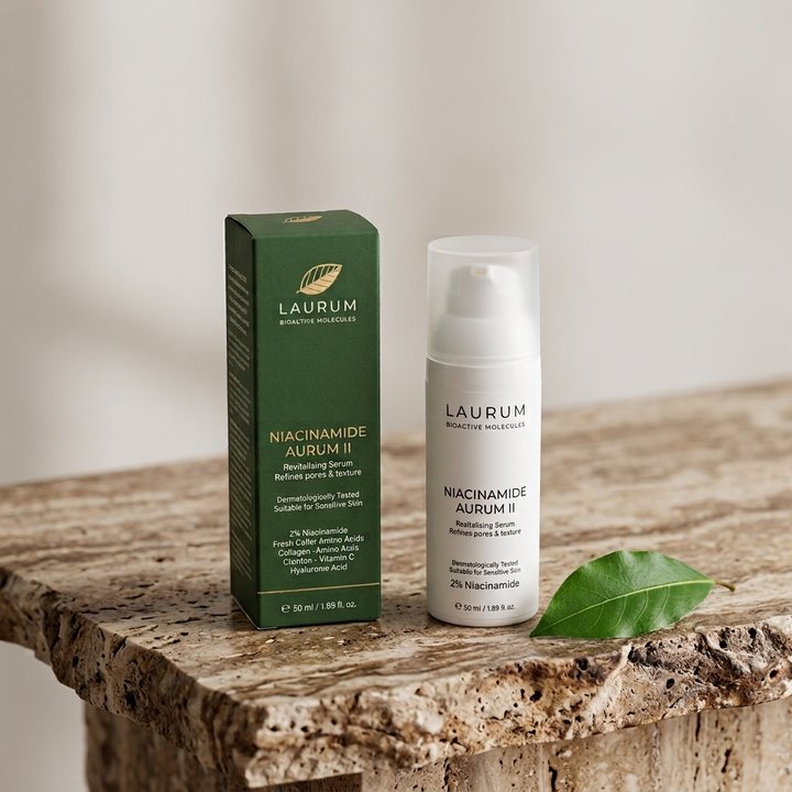 Frasco airless Niacinamide Aurum II junto a su estuche, sobre piedra natural